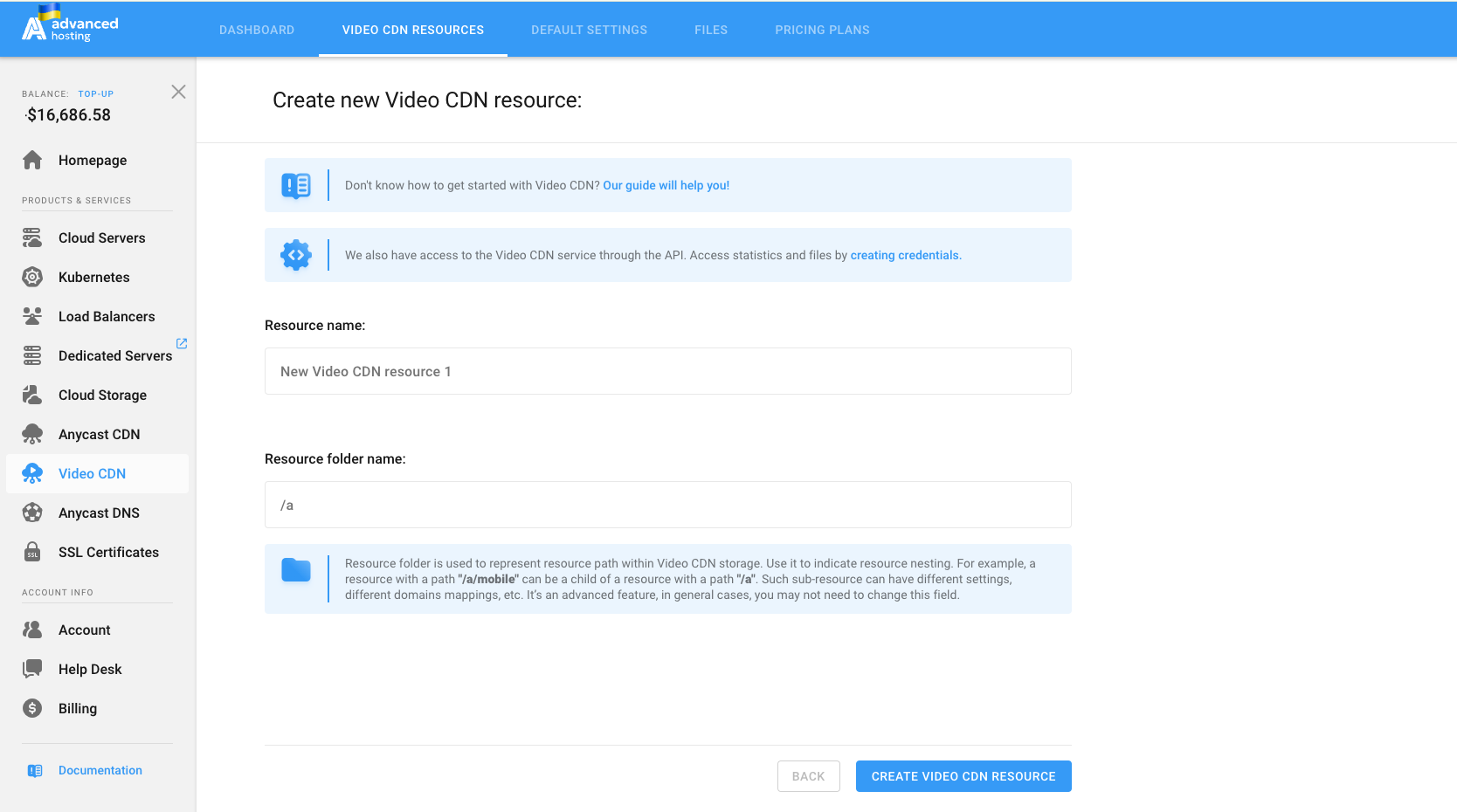 Create new Video CDN resource