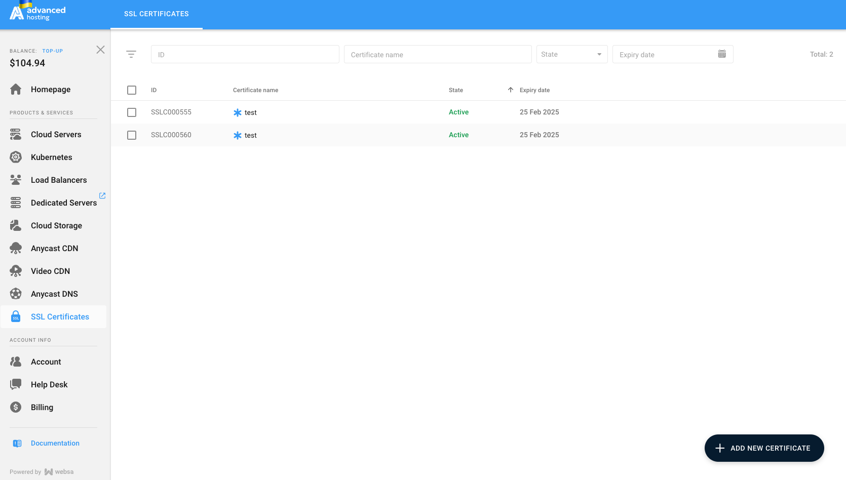 Certificates list view, search, sorting and filter