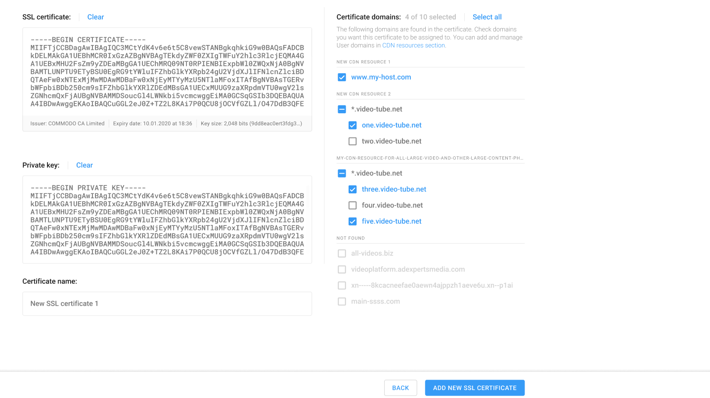 Certificate domains assotiations and editing